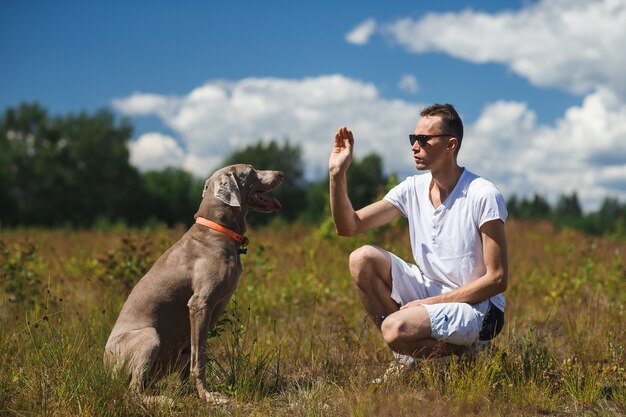 Foto yong man adiestramiento de perro grande en el campo