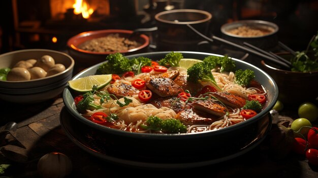 Yong tau foo macarrão asiático na sopa vermelha