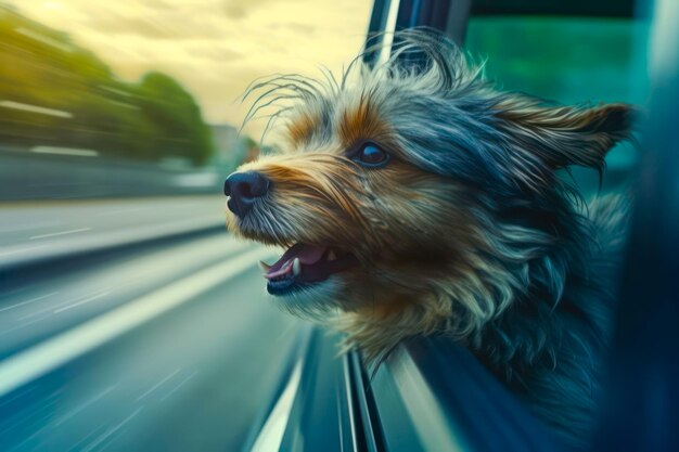 Yorkshire terrier asomándose por la ventana del coche revoloteando en el viento