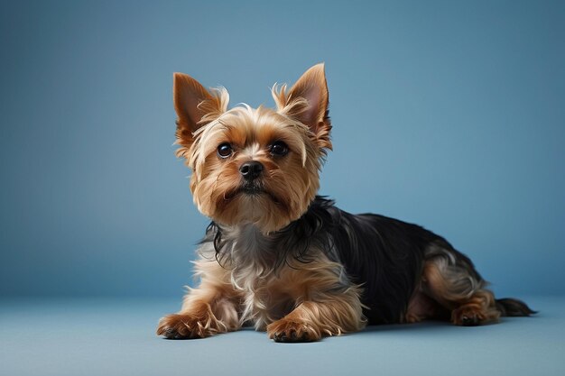 Yorkshire Terrier auf blauem Hintergrund Porträt eines niedlichen Hundes