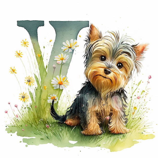 Yorkshire Terrier Buchstabe Y Erkundung der Natur und Erlernen des Alphabets Aquarell-Illustration für Kinder