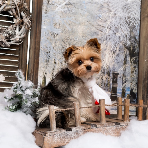 Yorkshire terrier con una bufanda en un paisaje invernal