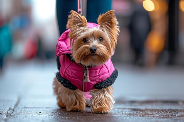 Un Yorkshire terrier con una chaqueta rosa camina por la calle
