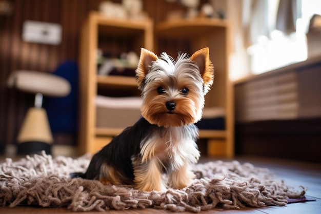 Yorkshire terrier com lã ao seu redor