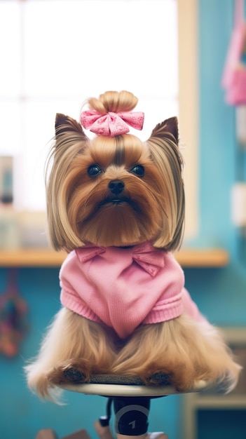 Yorkshire Terrier em roupas cor-de-rosa com um laço na cabeça gerador de IA