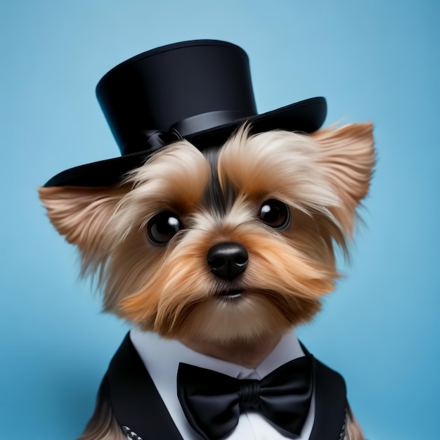 Yorkshire terrier em um smoking preto de cartola preta e gravata borboleta Generative AI