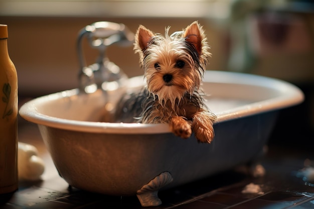 Yorkshire Terrier em uma banheira autônoma Yorkie tomando banho Banho de cachorro IA generativa