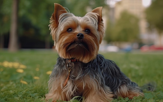 Foto yorkshire terrier está sentado na grama no parque profissional de publicidade post ai gerado