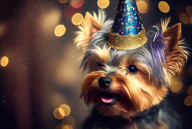 Yorkshire Terrier feliz con sombrero de fiesta para celebrar con fondo bokeh Concepto de animal y mascota IA generativa