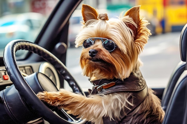 Yorkshire terrier con gafas de sol toma el control del automóvil disfrutando del paseo