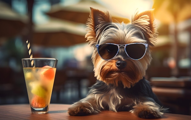 Yorkshire Terrier-Hund in einer Bar mit einem Getränk