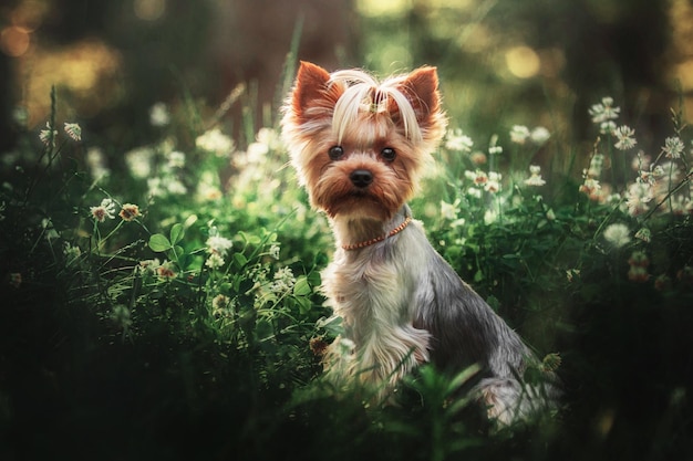Yorkshire Terrier Hund Nahaufnahme Porträt. Miniaturhund, der im Garten sitzt. Nettes kleines Haustier