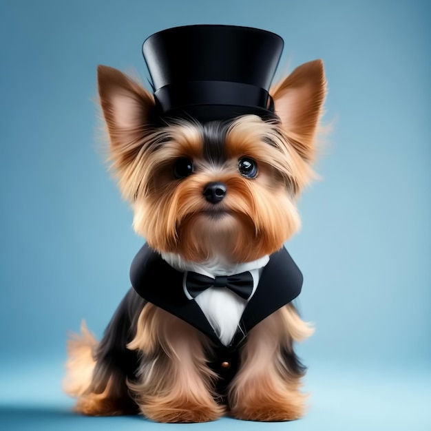 Yorkshire-Terrier mit schwarzem Zylinder, schwarzem Smoking und Fliege Generative KI