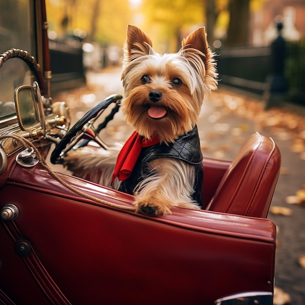 Yorkshire terrier montado num carro