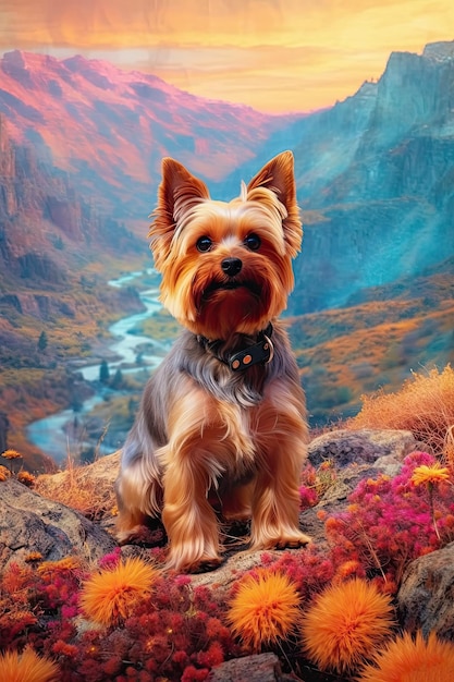 Yorkshire Terrier en la naturaleza en el valle de la montaña Arte generativo de IA