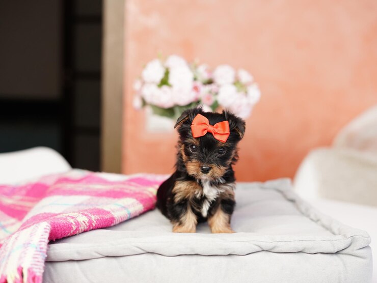 Foto yorkshire terrier puppy sentado em uma almofada cinzenta cão fofinho e bonito com um laço na cabeça