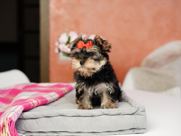 Foto yorkshire terrier puppy sentado em uma almofada cinzenta cão fofinho e bonito com um laço na cabeça