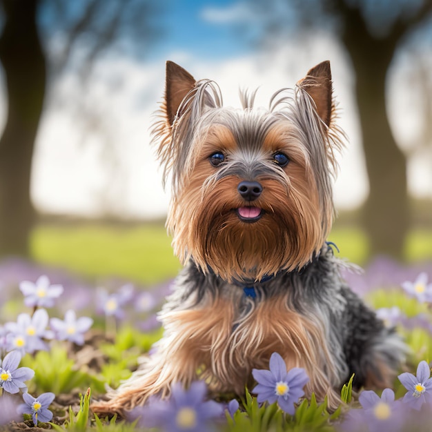 Yorkshire terrier realista em um fundo natural deslumbrante ao ar livre