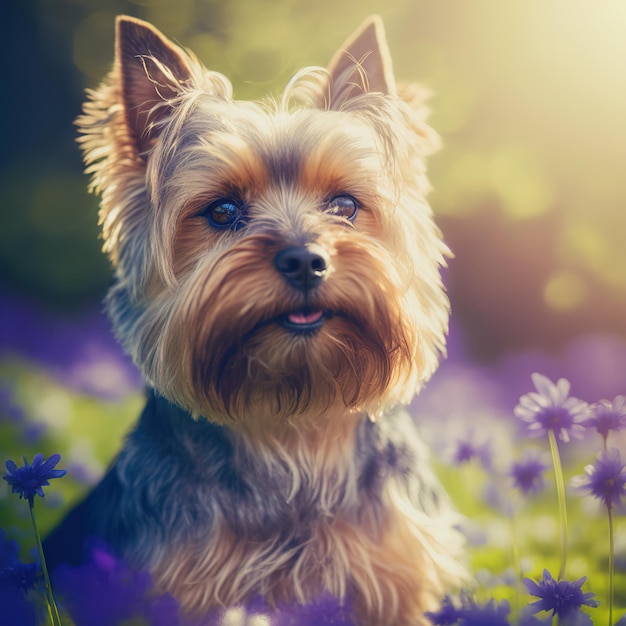 Yorkshire terrier realista em um fundo natural deslumbrante ao ar livre