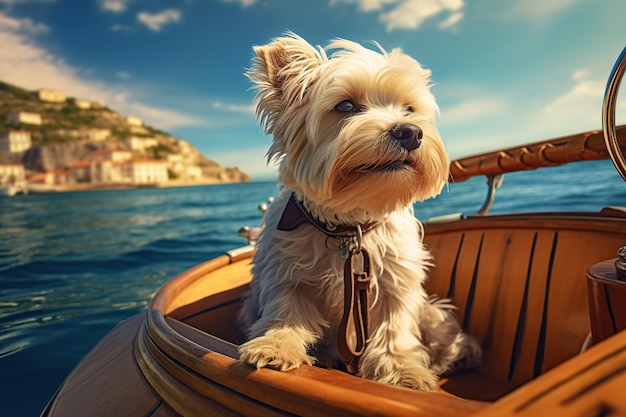 Yorkshire Terrier sentado en la proa de un pequeño barco