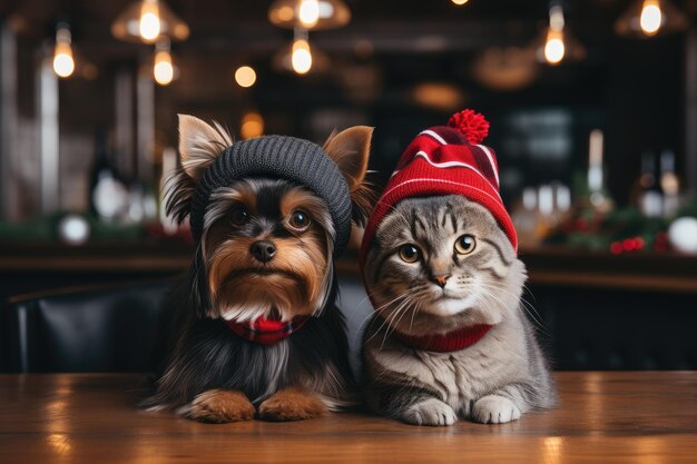 Yorkshire terrier con sombrero y gato con bufanda en un bar con una postal de ambiente navideño