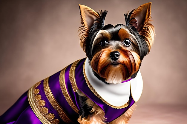 Yorkshire terrier con un vestido regio Retrato de mascota en ropa Moda para perros