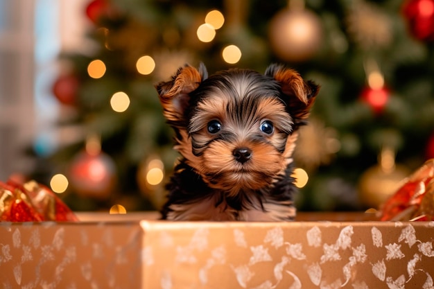 Yorkshire-Terrier-Welpe in einer Neujahrsgeschenkbox. Generative KI