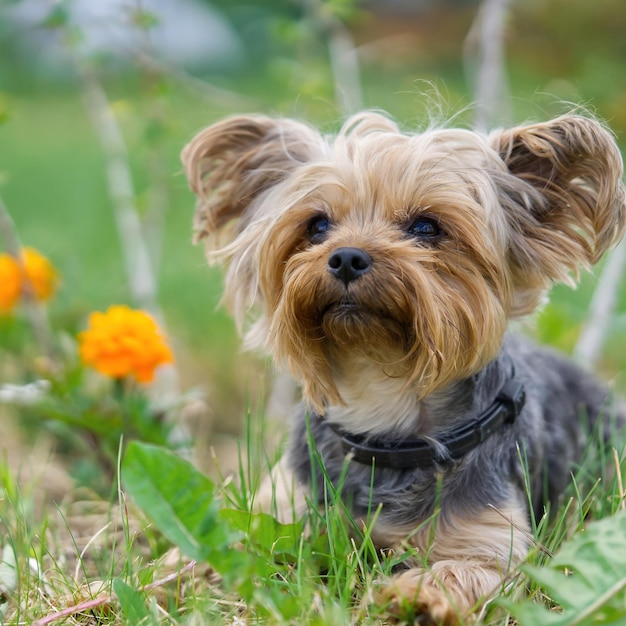 Yorkshire Terrier Welpe liegt im niedrigen Frühlingsgras in der Nähe von Blumen Lustiger kleiner Yorker Welpe auf goldener Stundenzeitfotografie