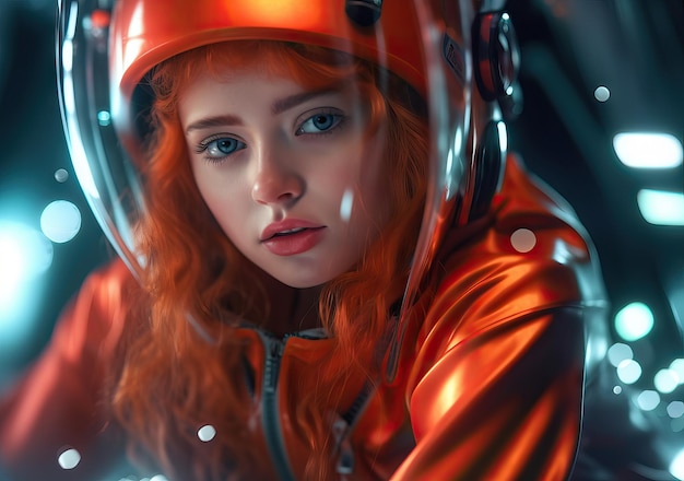 Younf Astronauta femenina dentro de una nave espacial con tonos cinematográficos imagen de marco de película imagen futurista