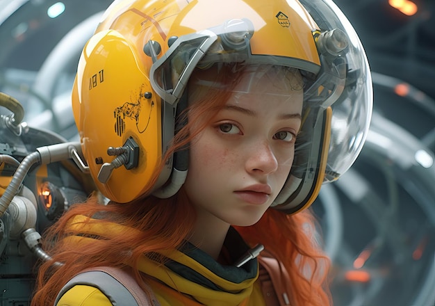 Younf Astronauta femenina dentro de una nave espacial con tonos cinematográficos imagen de marco de película imagen futurista