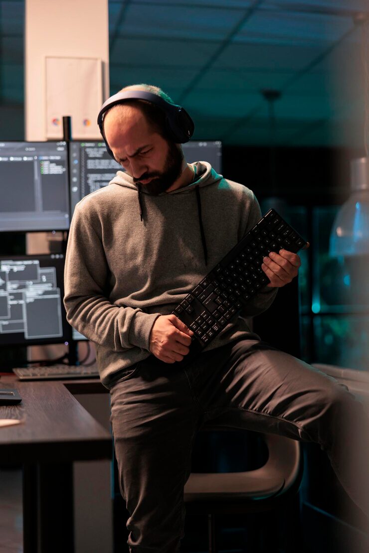 Foto young coder fooling around with keyboard playing guitar, working on user interface with multiple screens parsing algorithm in software agency. writing code and programming server.