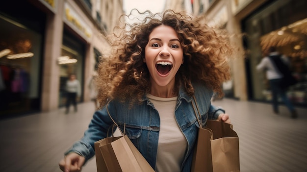 Foto young exited woman running down the street with shopping bags created with generative ai technology