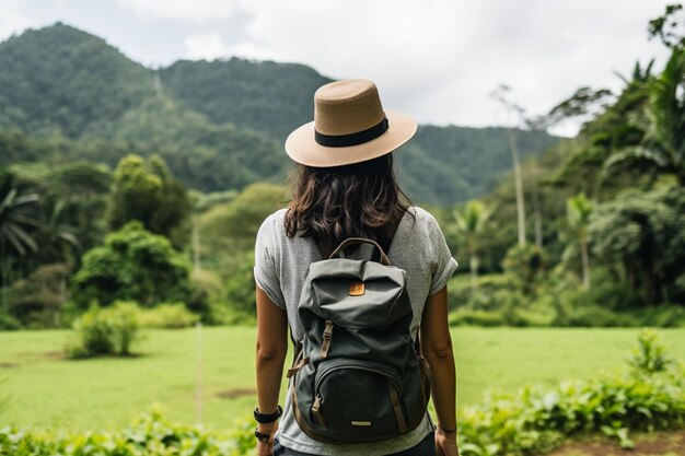 Foto young female traveler enjoying rural surroundings