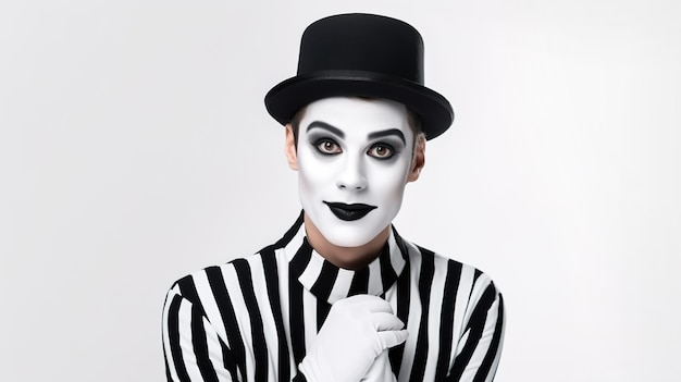 Foto a young guy in a hat in a mime costume with a painted face on a light background