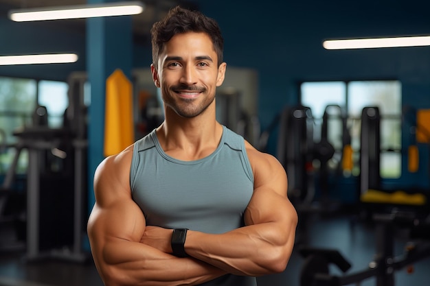 Young Latino presenta a un joven y a un entrenador personal con los brazos cruzados sonriendo en un gimnasio