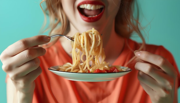 Foto young woman eating tasty pasta on green background closeup