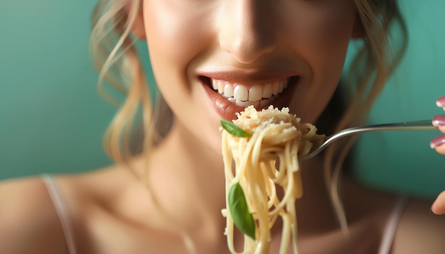 Foto young woman eating tasty pasta on green background closeup