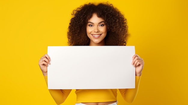 Foto young woman holding sign business board isolated portrait of casual dressed woman
