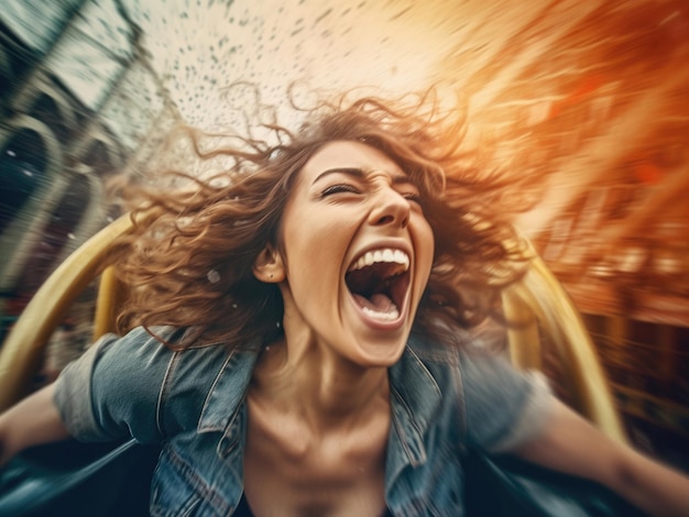 Foto young woman screaming joyfully on a roller coaster