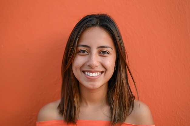 Foto young woman smiling against an orange background