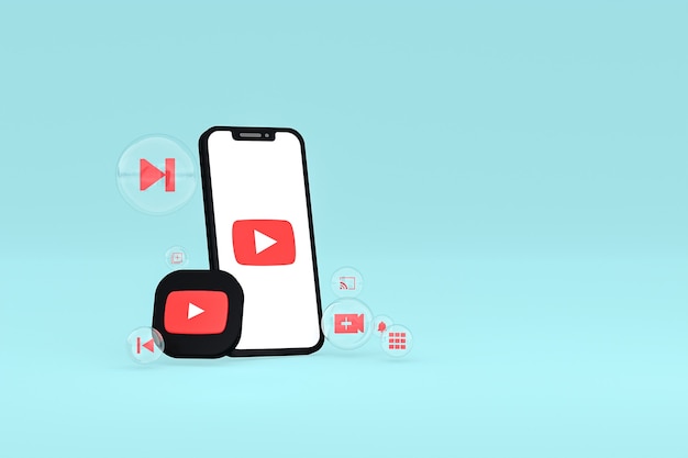 Youtube-Symbol auf dem Bildschirm Smartphone oder Handy 3D-Render auf blauem Hintergrund