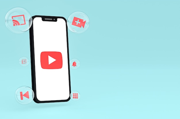 Youtube-Symbol auf dem Bildschirm Smartphone oder Handy 3D-Render auf blauem Hintergrund