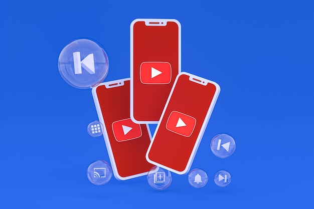 Youtube-Symbol auf dem Bildschirm Smartphone oder Handy 3D-Render auf blauem Hintergrund