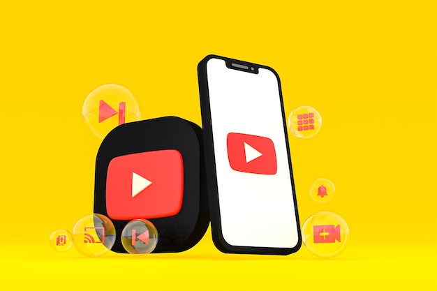 Youtube-Symbol auf dem Bildschirm Smartphone oder Handy 3D-Render auf gelbem Hintergrund