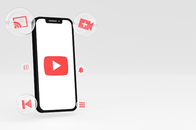 Youtube-Symbol auf dem Bildschirm Smartphone oder Handy 3D-Render auf grauem Hintergrund