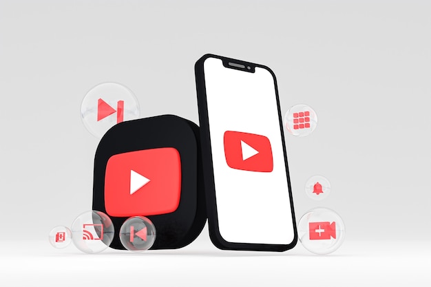 Youtube-Symbol auf dem Bildschirm Smartphone oder Handy 3D-Render auf grauem Hintergrund