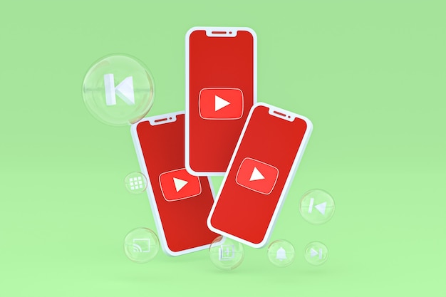 Youtube-Symbol auf dem Bildschirm Smartphone oder Handy 3D-Render auf grünem Hintergrund