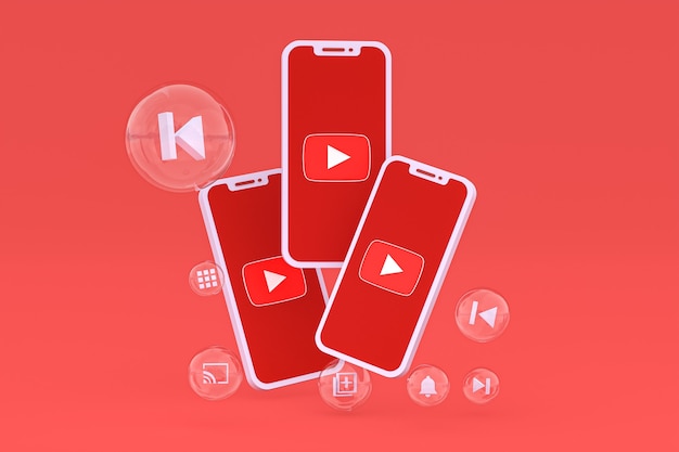 Youtube-Symbol auf dem Bildschirm Smartphone oder Handy 3D-Rendering auf rotem Hintergrund