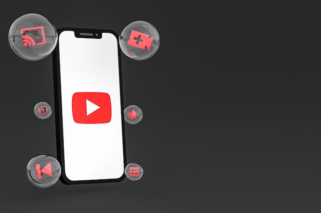 Youtube-Symbol auf dem Bildschirm Smartphone oder Handy 3D-Rendering auf schwarzem Hintergrund