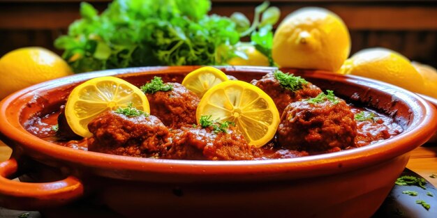 Youvarlakia Lemony Meatballs em uma cozinha mediterrânea Tangy e saborosa fatias de limão me